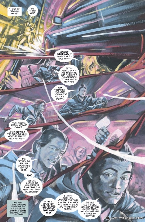 A comic book page featuring dynamic illustrations of characters in a tense conversation, with dramatic lighting and action sequences. Dialogue bubbles convey an urgent discussion about seeking help and a looming threat.
