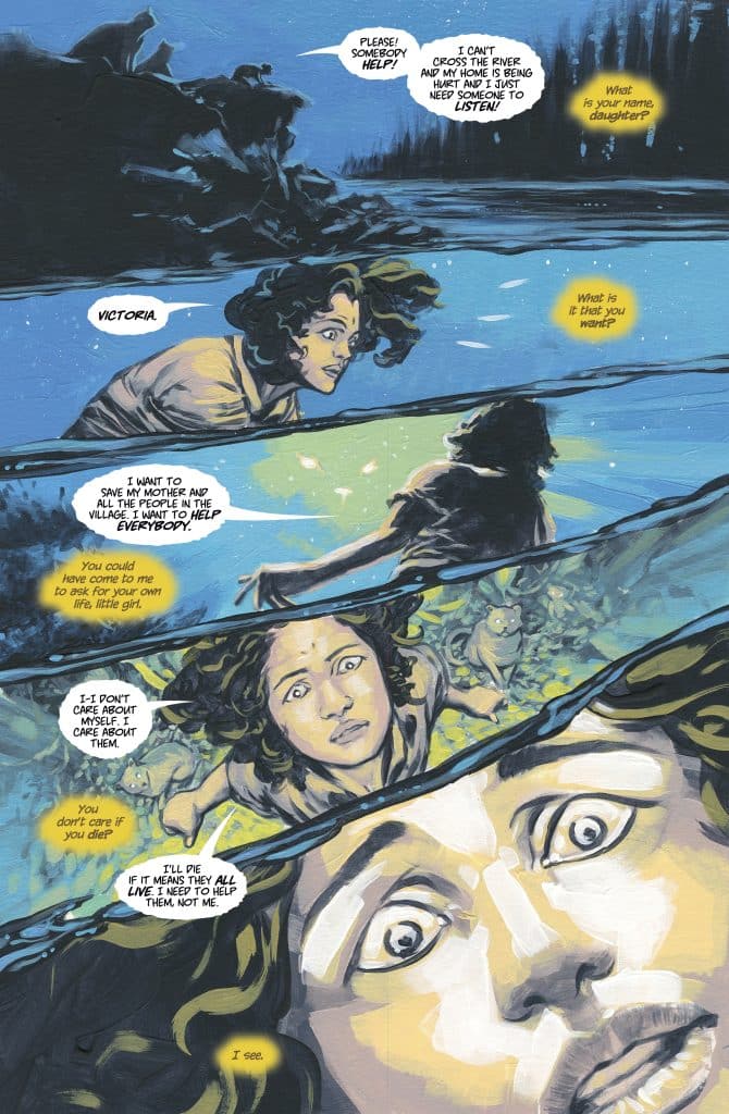A graphic novel panel depicting a conversation between two characters, one pleading for help, while the other appears startled or concerned. The first character, Victoria, expresses a strong desire to save her mother and the people in her village, emphasizing her selflessness. The background features a river and forest, enhancing the emotional tension of the moment.