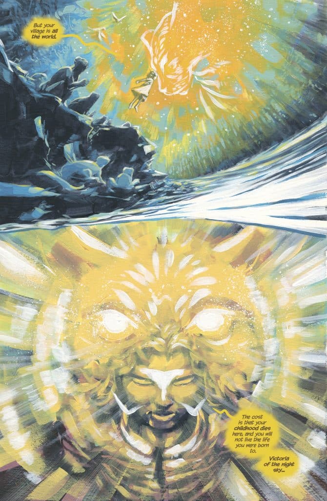 An illustrated scene depicting a mystical figure surrounded by ethereal light and a vibrant background, representing themes of transformation and sacrifice, with accompanying text emphasizing the cost of lost childhood.