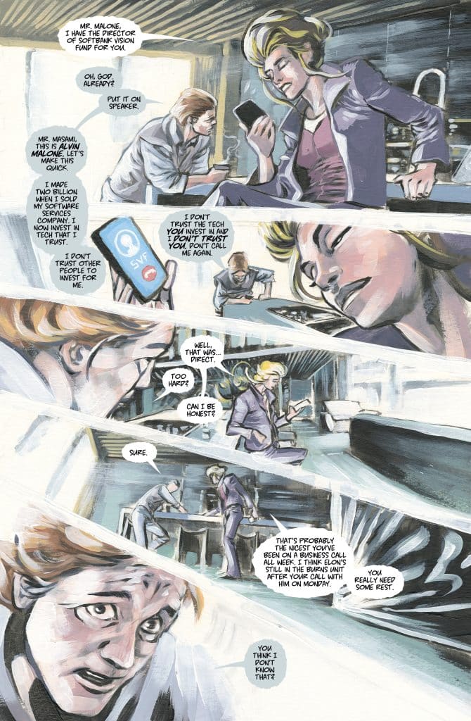 A comic book page featuring a conversation between two characters, one holding a phone and looking frustrated while the other appears surprised. The setting includes a modern office with desks and people working in the background.