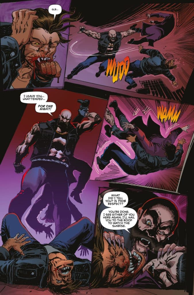 A comic book panel showing a fierce fight between two characters. One character is striking another, causing visible damage and blood, while dialogue indicates a confrontation about respect and consequences.