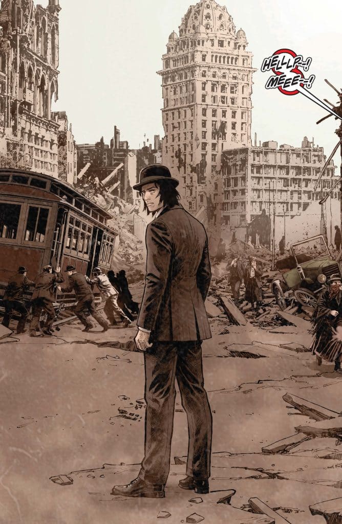A man in a suit and bowler hat stands amidst a devastated cityscape, surrounded by debris and destruction. In the background, a tall building is prominently featured, while a tram lies on its side. People are seen in the foreground, frantically trying to assist others as a voice calls for help.