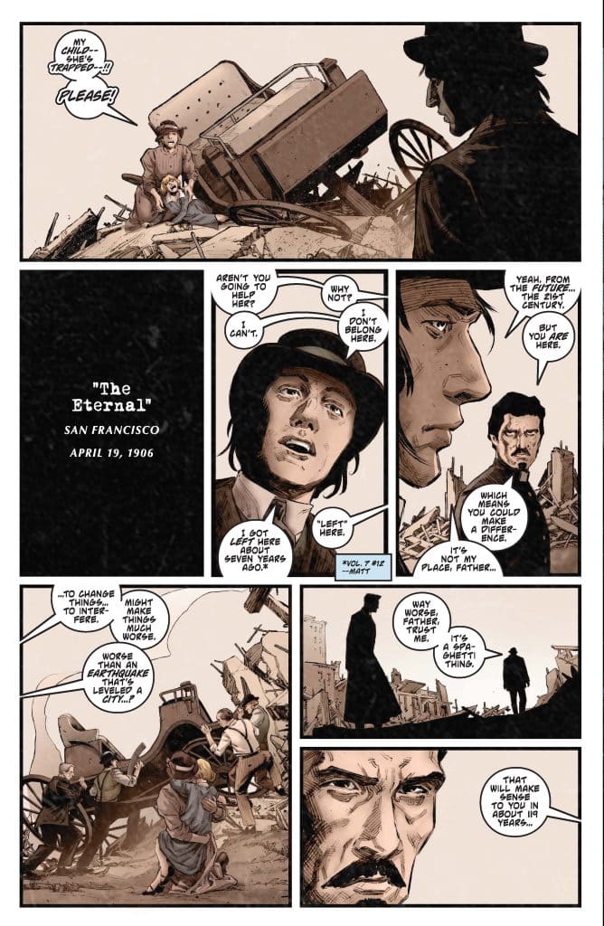 A comic book page depicting a scene in post-earthquake San Francisco, showing a panicked woman pleading for help, a child trapped under debris, and characters discussing time travel and the consequences of altering the past.