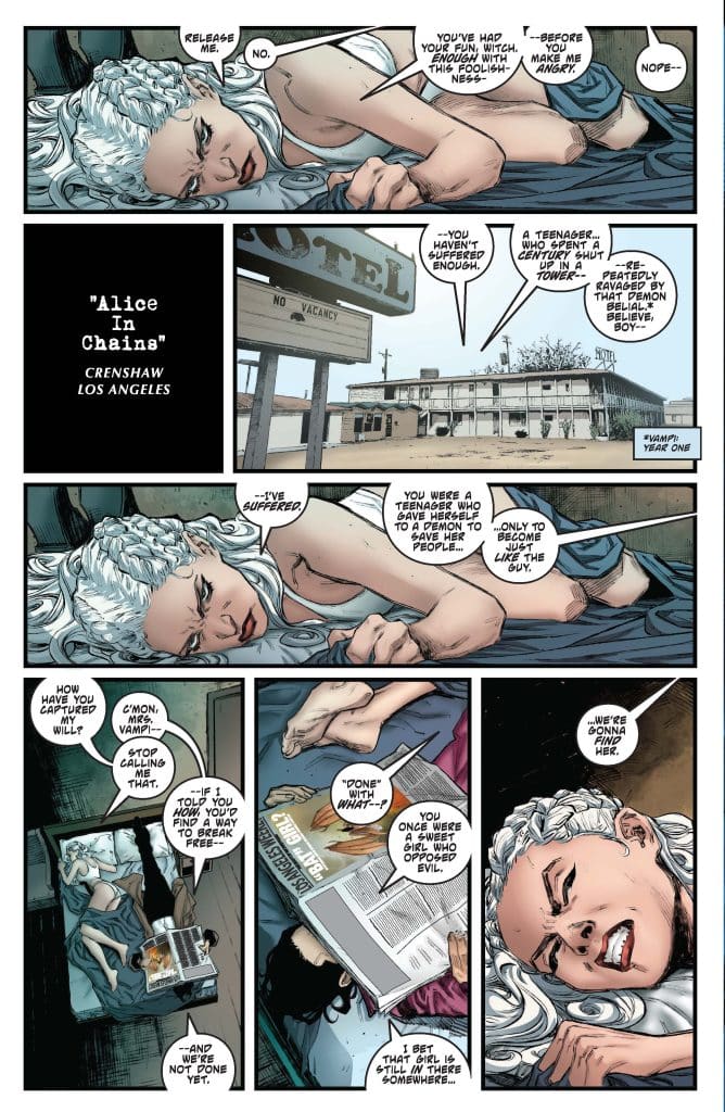 A comic book page featuring two characters in a dialogue, one with silver hair sitting on a bed in a motel room, discussing themes of captivity and suffering. A page from the comic 'Alice in Chains' set in Crenshaw, Los Angeles, with atmospheric imagery that reflects conflict and emotional struggle.