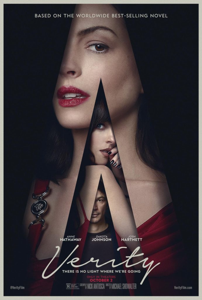 Movie poster for 'Verity' featuring three main characters' faces layered together with a dark, dramatic design. The title 'Verity' is prominently displayed at the bottom, along with the release date and taglines.