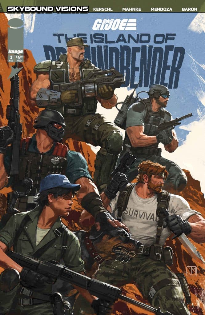 Illustration of a group of G.I. Joe characters on a rocky terrain, featuring diverse soldiers with weapons, including a dog, in an action-packed scene.