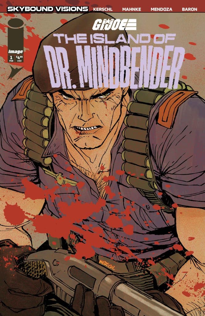 Cover of 'G.I. Joe: The Island of Dr. Mindbender' comic book featuring an armed character with a serious expression, surrounded by blood splatters.
