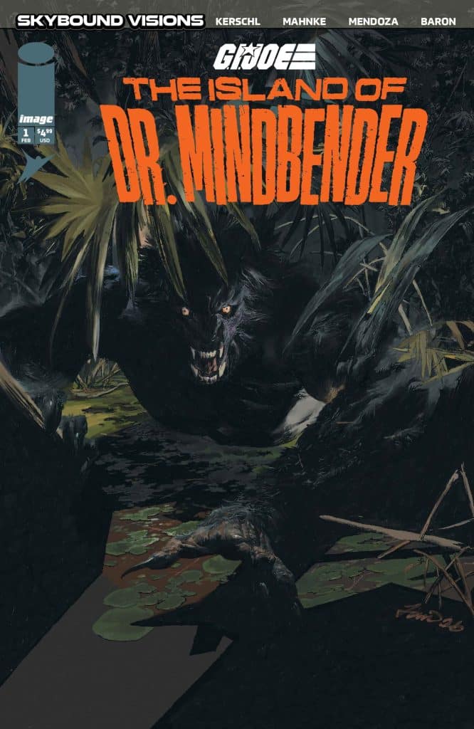 Cover of G.I. Joe comic titled 'The Island of Dr. Mindbender', featuring a dark and mysterious jungle scene with a menacing creature lurking in the foliage.