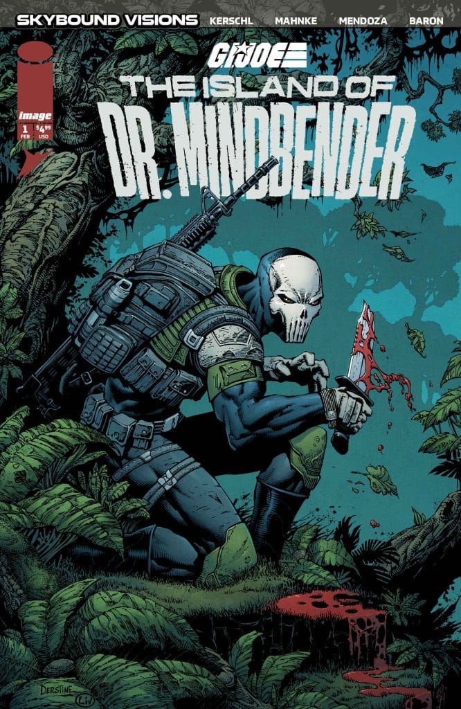 Comic book cover for 'G.I. Joe: The Island of Dr. Mindbender' featuring a character in tactical gear kneeling in a jungle, holding a bloody knife near a pool of blood.