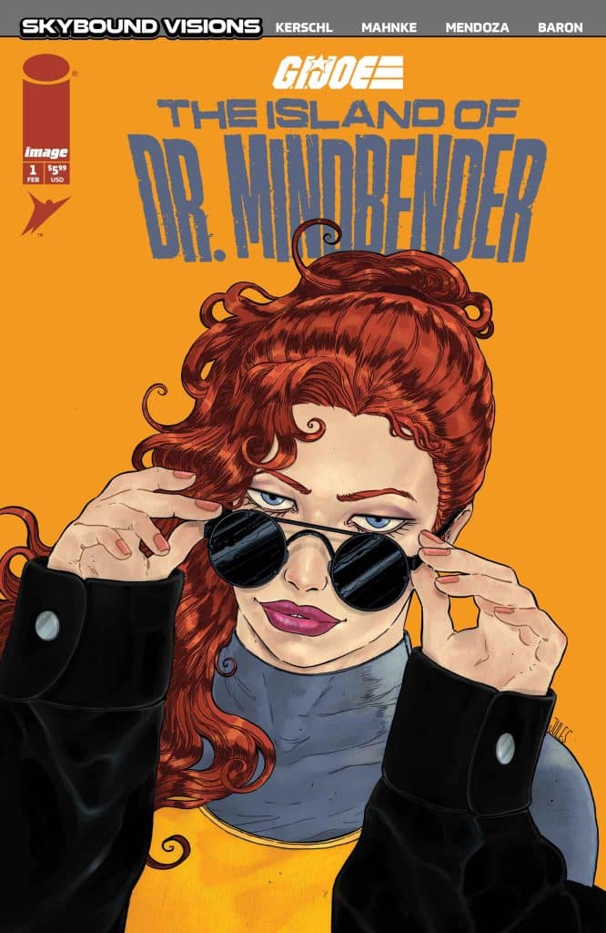 Illustration of a woman with red hair and sunglasses, wearing a black jacket and a yellow shirt, set against an orange background, featuring the title 'G.I. Joe: The Island of Dr. Mindbender' at the top.