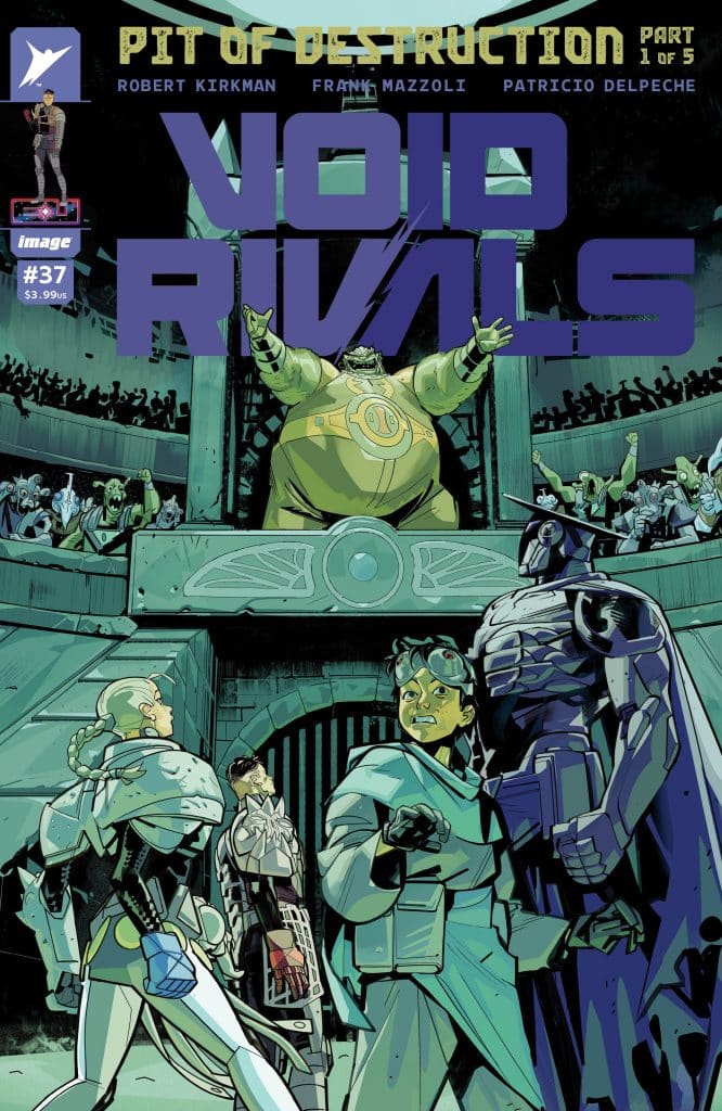 Cover of the comic book 'Void Rivals' issue #37, featuring a group of diverse characters in a futuristic setting, with a large audience in the background. The title 'VOID RIVALS' is prominently displayed in bold letters at the center.