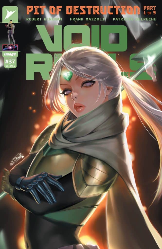 Comic book cover for 'Void Runners' issue #37, featuring a character with long silver hair and green accents, posed confidently with a mystical setting in the background.