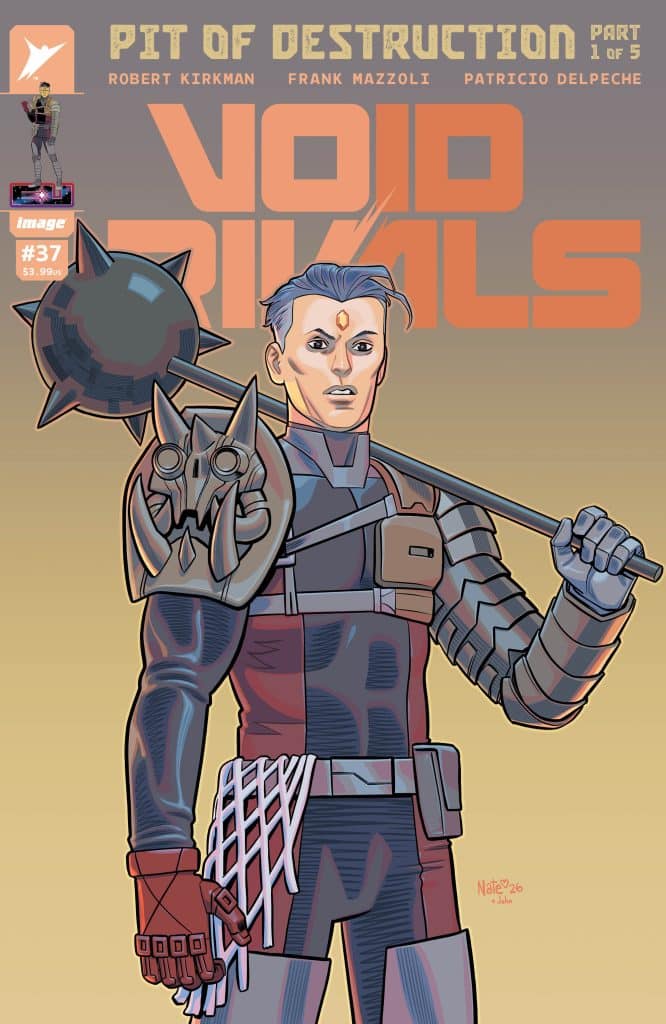 Cover of 'Void Rivals' comic book issue #37, featuring a character in armor holding a spiked mace, with a stylized logo and credits in the background.