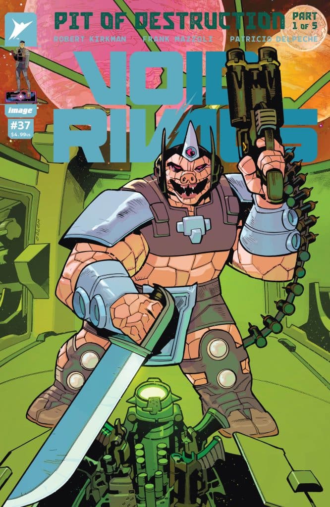 Cover of 'Void Rivals' comic issue #37 featuring a muscular character with a sword and a weapon, standing over a robotic figure, set against a vibrant cosmic background.