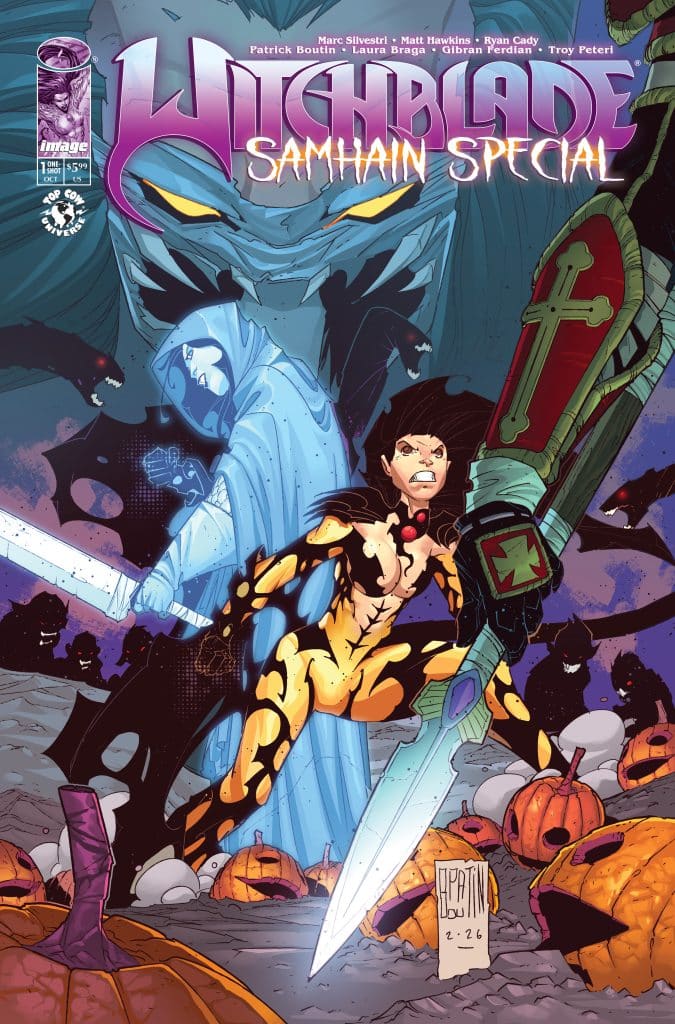 Cover of the comic book 'Witchblade: Samhain Special' featuring a character wielding a sword, surrounded by pumpkins and dark figures in the background.