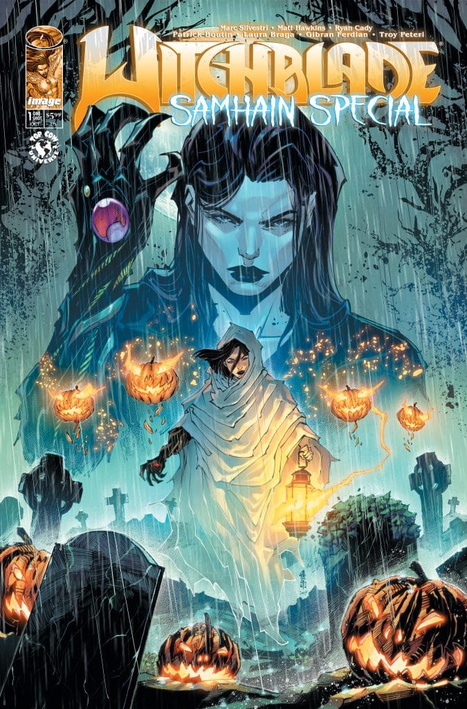 A comic book cover for 'Witchblade: Samhain Special' featuring a ghostly female figure in a white cloak holding a lantern, surrounded by glowing jack-o'-lanterns in a rainy, graveyard setting.