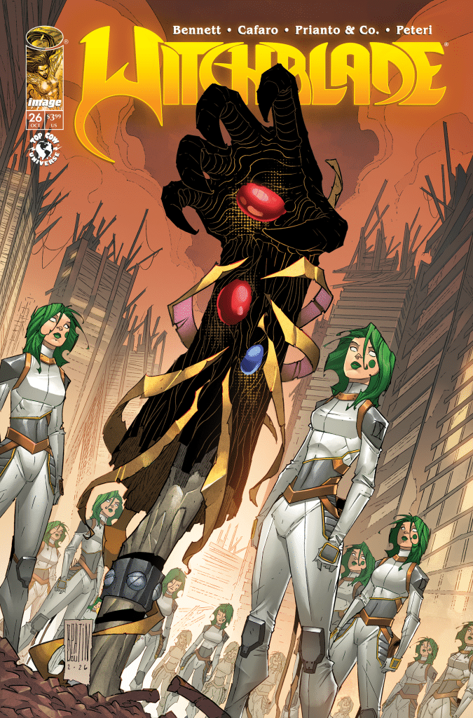 Cover of Witchblade comic issue 26 featuring a large, shadowy hand with colored orbs, surrounded by several characters with green hair in futuristic outfits, set against a chaotic city backdrop.