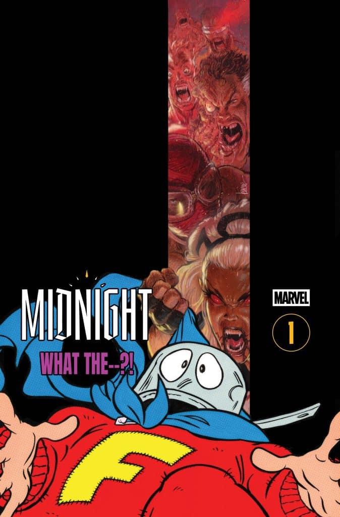 Comic book cover featuring a character in a blue costume with a white mask and a red shirt, titled 'MIDNIGHT WHAT THE--?!' with vivid, enraged faces in the background.