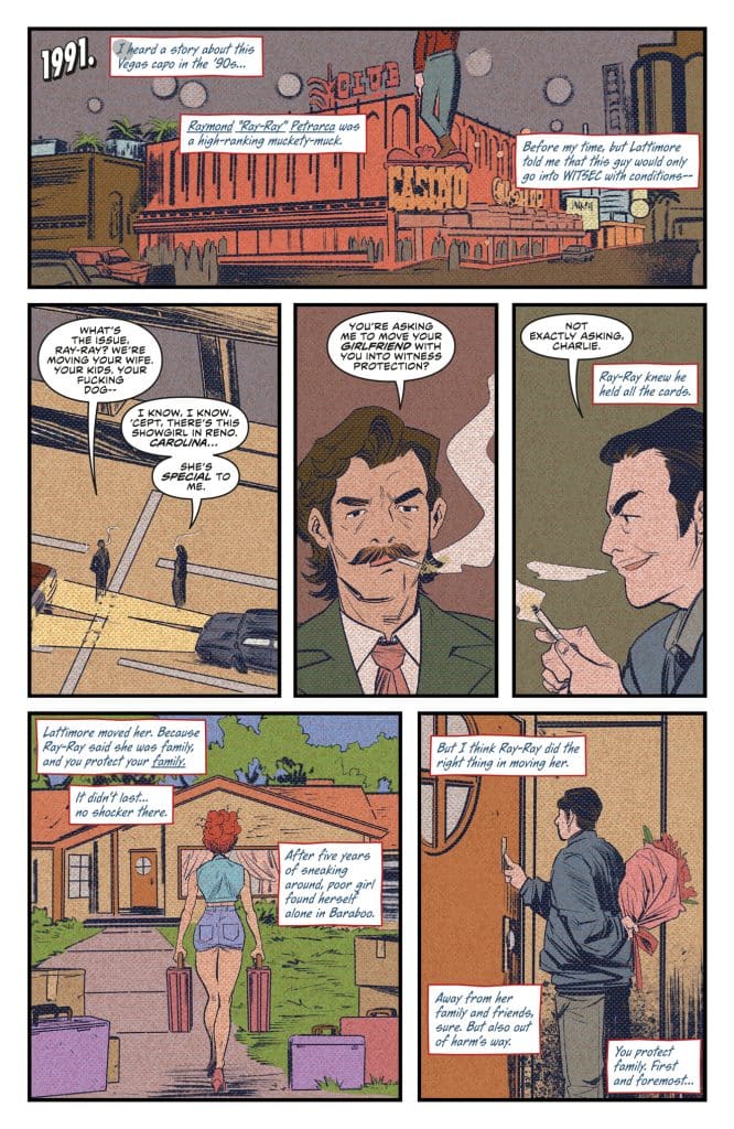 Comic page depicting a narrative set in 1991, featuring characters discussing organized crime and personal relationships against a backdrop of a Las Vegas-inspired scene.