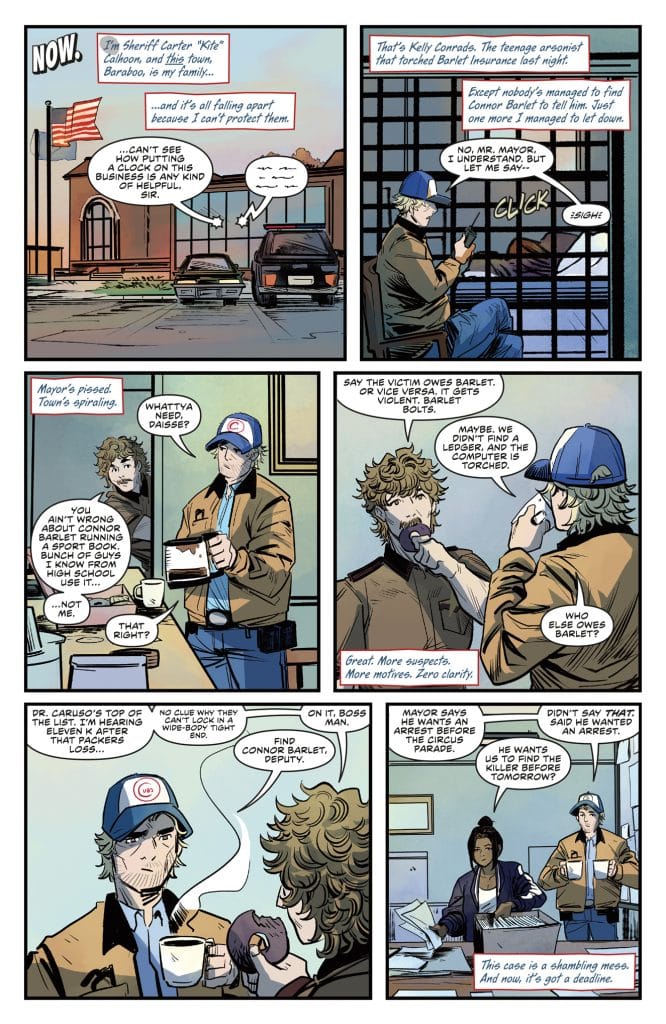 Comic panel depicting a conversation between Sheriff Carter 'Kit' Calhoun and town officials regarding an arson case.