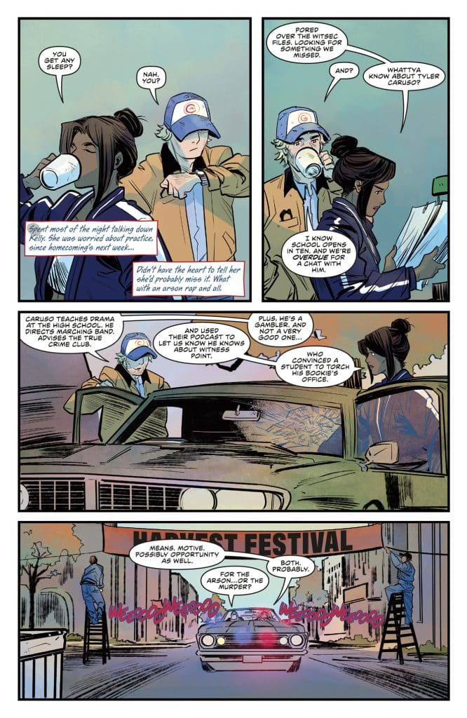 A comic book page featuring two characters discussing a potential arson case over coffee, while another character is shown working on a car and a sign for a harvest festival in the background.
