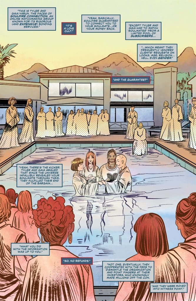 A group of people dressed in white robes stands by a swimming pool, engaged in a ceremony, while a few others observe from the side. Text bubbles provide dialogue about a matchmaking organization and its business practices.