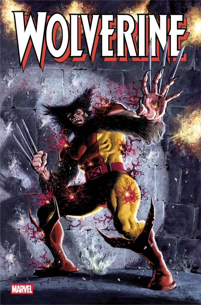 A dynamic comic book cover featuring Wolverine, a muscular superhero with claws, in an action pose against a stone wall background. He has wild hair and is depicted with vibrant colors and splashes of effects suggesting motion and intensity.