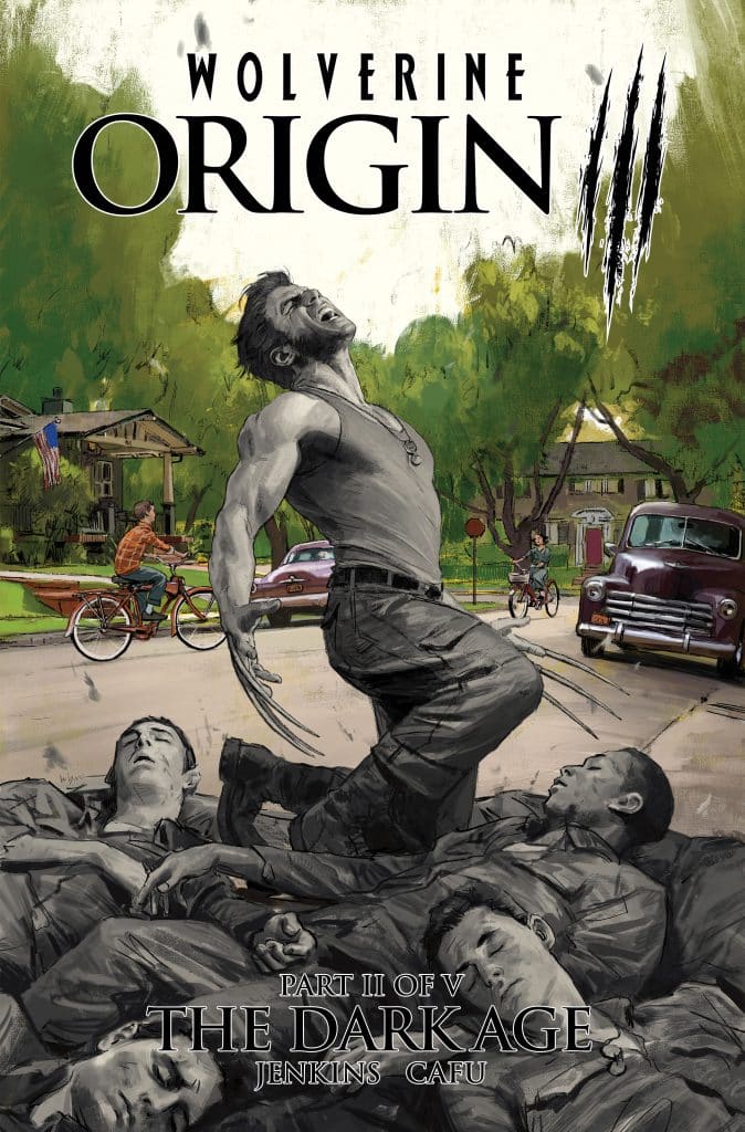 Cover of Wolverine: Origin III comic book showing Wolverine in a dramatic pose amidst fallen figures, with a suburban background.