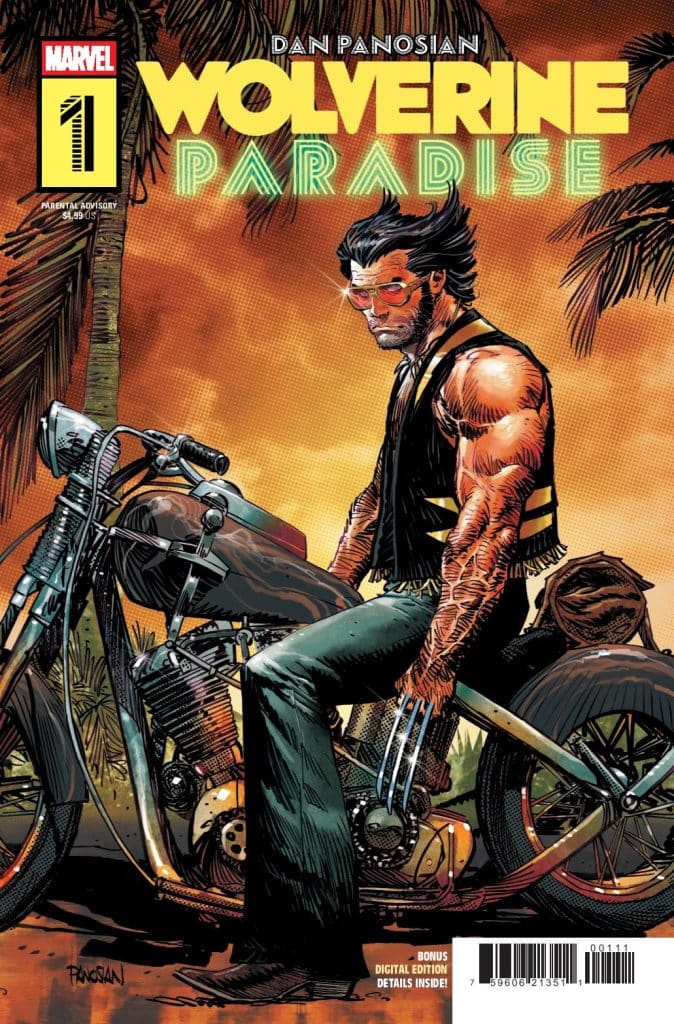 Comic book cover featuring Wolverine, wearing sunglasses and a sleeveless shirt, sitting on a motorcycle with palm trees in the background. The title 'Wolverine Paradise' is prominently displayed at the top.
