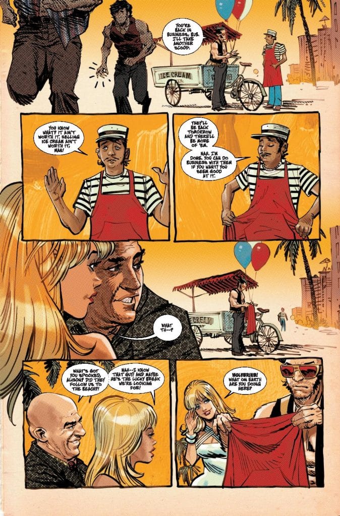 A comic book page featuring two men talking near an ice cream cart, with one wearing a striped shirt and cap and the other in a sleeveless shirt. A woman with blonde hair is in the conversation, while balloons float in the background along with palm trees.