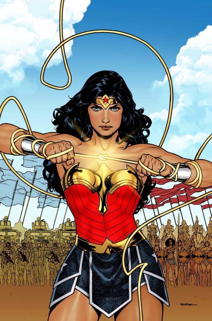 Wonder Woman stands confidently, wearing her iconic red and gold armor, preparing to wield her lasso. In the background, a crowd of soldiers and banners are visible against a blue sky.