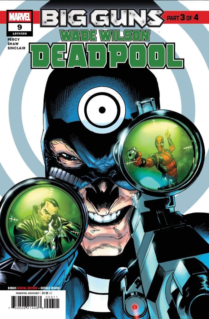 Cover art of 'Deadpool' comic issue 9, featuring Wade Wilson with a menacing smile, looking through rifle scope sights that show images of Deadpool and another character.