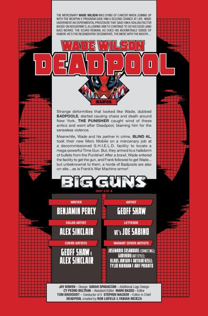 Comic book page featuring Deadpool, with text describing his background, partnership with Blind Al, and encounters with Punisher and Badpools. Includes credits for writer, artist, and color artist.
