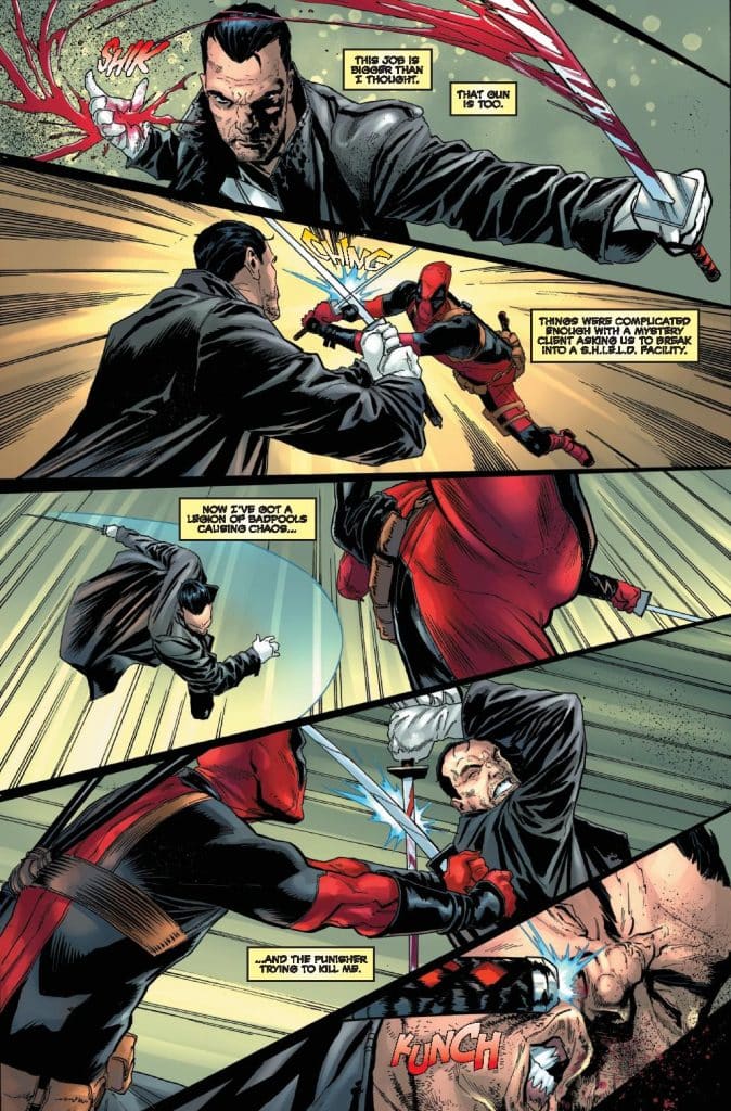 A comic book panel depicting a fight scene between Deadpool and the Punisher. Deadpool, in a red and black costume, is attacking the Punisher, who is wielding a sword and dressed in dark clothing. Action lines and onomatopoeia emphasize the dynamic nature of the scene.