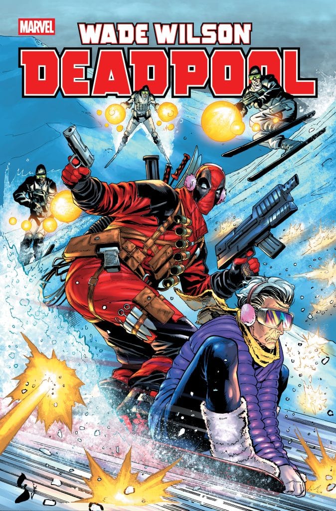 Comic book cover featuring Deadpool and a character snowboarding, set against a snowy background with explosions and action elements.