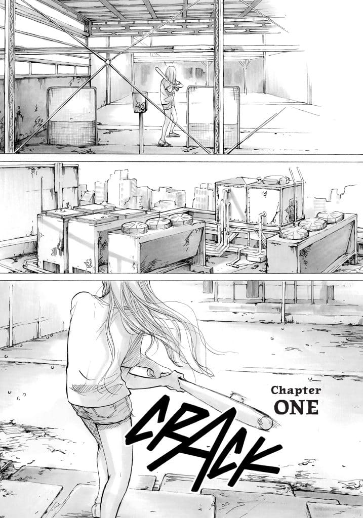 Black and white manga panel depicting a girl with long hair holding a baseball bat in an abandoned industrial setting. The first panel shows her preparing to swing, the second provides a view of debris and equipment in the background, and the third features the word 'CRACK' indicating the action of the bat striking something.