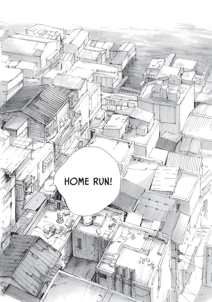 Aerial view of densely packed urban rooftops with a speech bubble saying 'HOME RUN!'