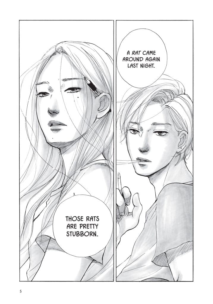 A black and white manga illustration featuring two characters. The character on the left has long hair and a serious expression, while the character on the right has short hair and is holding a cigarette. Speech bubbles convey dialogue about a rat being stubborn.