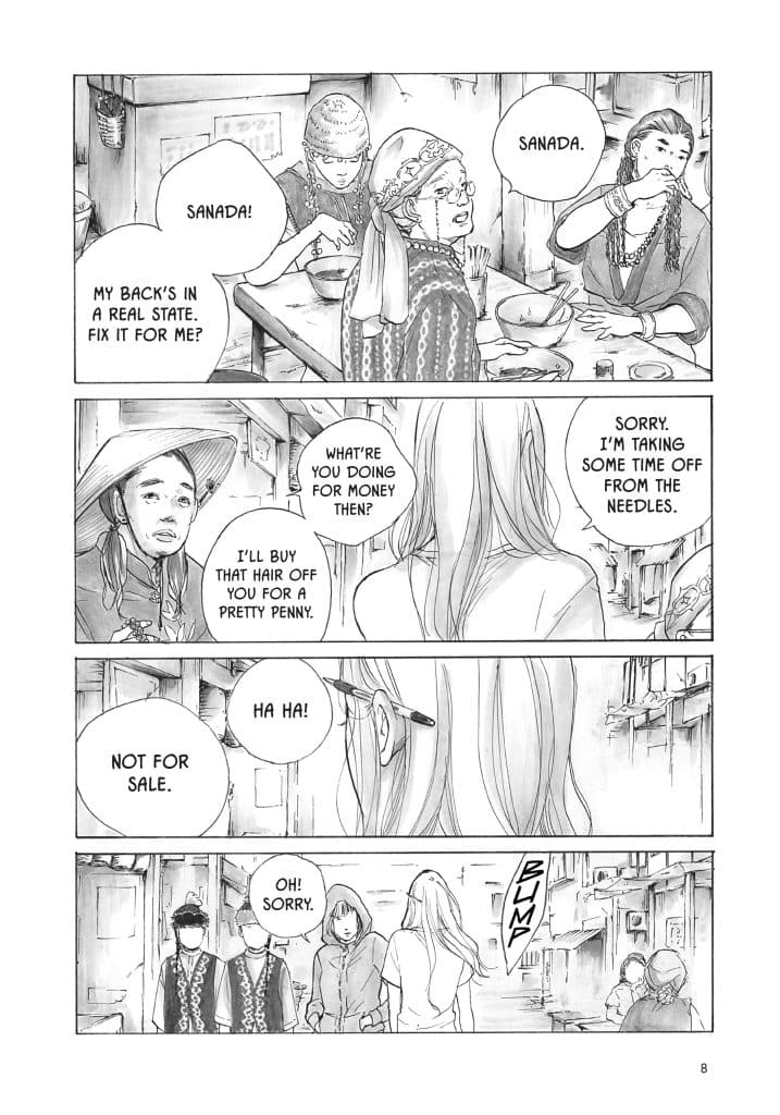 A black and white comic panel depicting several characters engaging in conversation. One character asks another for help with their back, while a third character jokes about buying hair. The scene is set in an informal, bustling environment with detailed backgrounds and expressions.