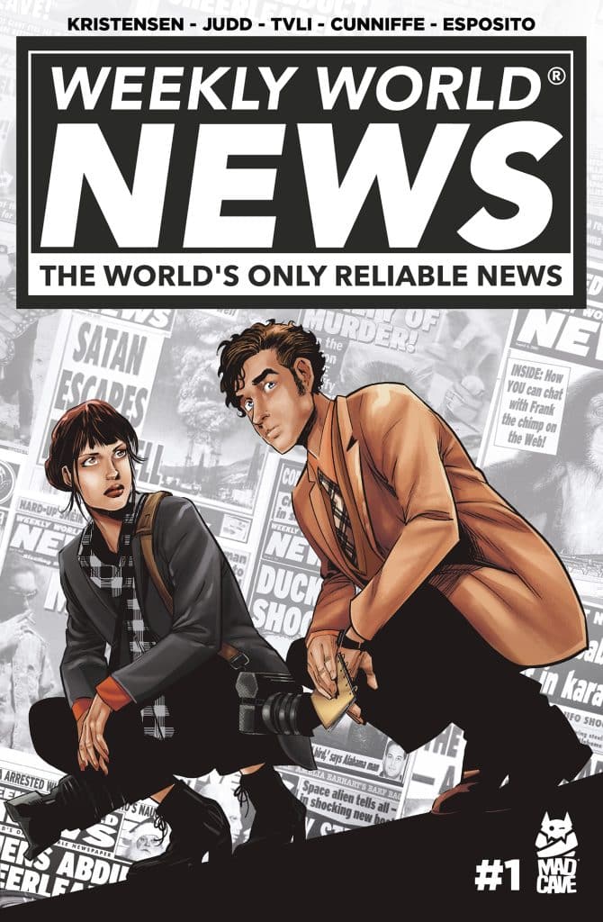 Comic book cover featuring two characters, a woman with a camera and a man in an orange coat, crouching together in front of colorful tabloid headlines.