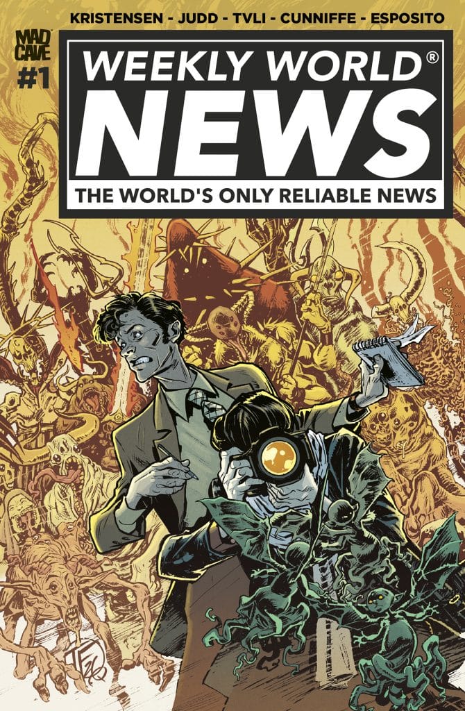 Comic book cover for 'Weekly World News' featuring two characters, one holding a camera and the other pointing a gun, with various fantastical creatures and monsters in the background.
