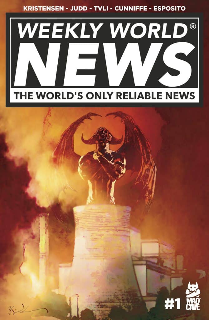 Cover of 'Weekly World News' featuring a dramatic illustration of a winged figure atop a structure, surrounded by fiery clouds and bold text.