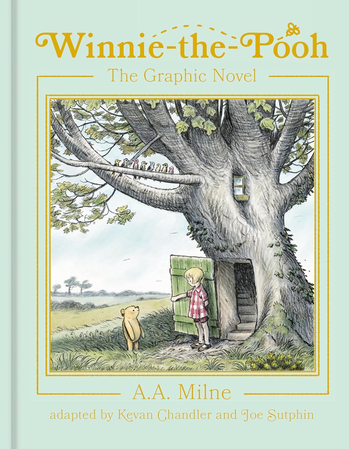 Cover of 'Winnie-the-Pooh: The Graphic Novel' featuring a young child in a striped dress standing next to Winnie-the-Pooh in front of a large tree with a door.