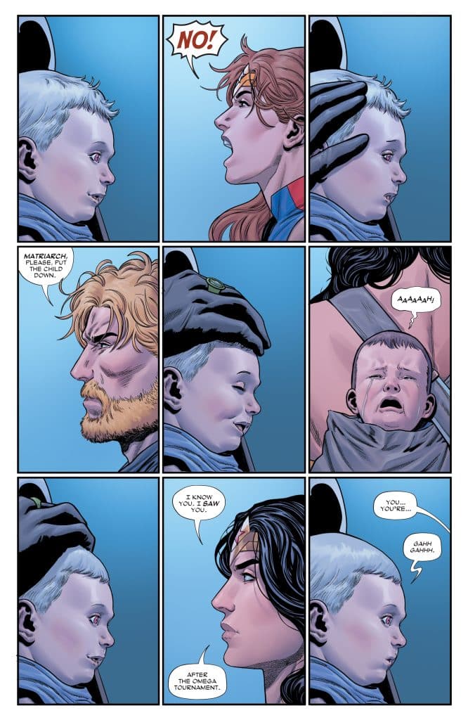 A comic panel featuring several characters expressing strong emotions. The first row shows a young boy and a woman, likely a superhero, with the woman yelling 'No!' The second row features a man with long hair next to the boy and another woman, who appears concerned. The final row depicts the boy and another woman with a serious expression, as well as a distressed infant in the last panel.