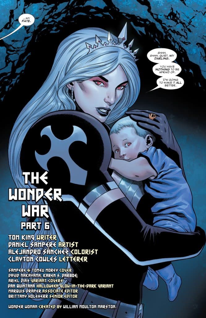 Comic book cover featuring a powerful woman with white hair and a crown, cradling a baby in her arms. The background is dark with hints of blue, and she appears both protective and intense. Text at the top reads 'The Wonder War Part 6' with credits at the bottom.