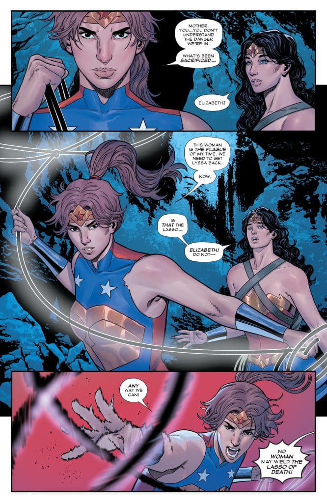 Comic panel featuring two female characters in a dramatic exchange, one wielding a lasso and expressing urgency, while the other reacts with concern. The scene has a dark background with electric colors emphasizing the tension.