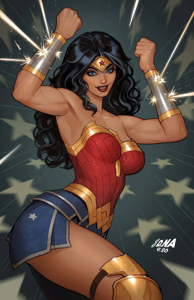 A powerful illustration of a female superhero, wearing a red top with a star emblem and a blue skirt, striking a strong pose with raised arms. She has long dark hair, a confident smile, and is surrounded by dynamic starbursts.