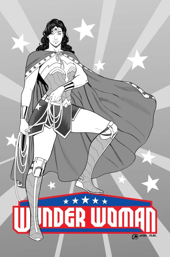 Illustration of Wonder Woman in a heroic pose, featuring her iconic costume, cape, and a backdrop of radiating stars. The image includes the text 'WONDER WOMAN' in bold letters.