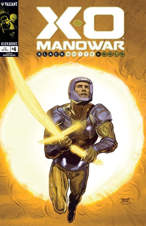 Cover of the comic book X-O Manowar #4 featuring a superhero in a futuristic suit, wielding a glowing sword and soaring through the air against a bright, glowing background.