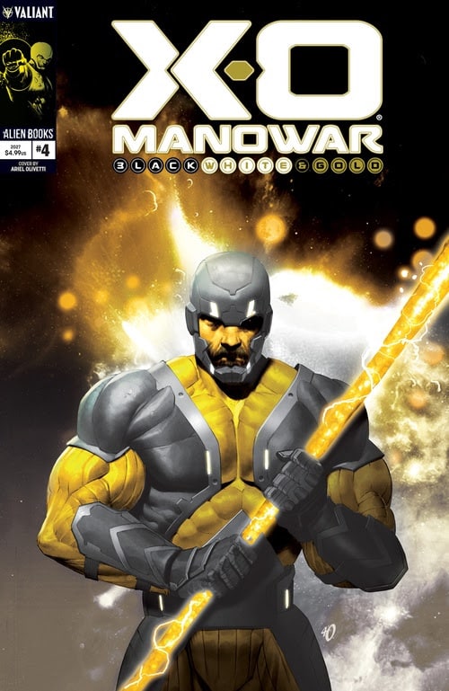Cover of X-O Manowar comic issue #4 featuring a muscular hero in armor, holding a glowing weapon against a cosmic background.